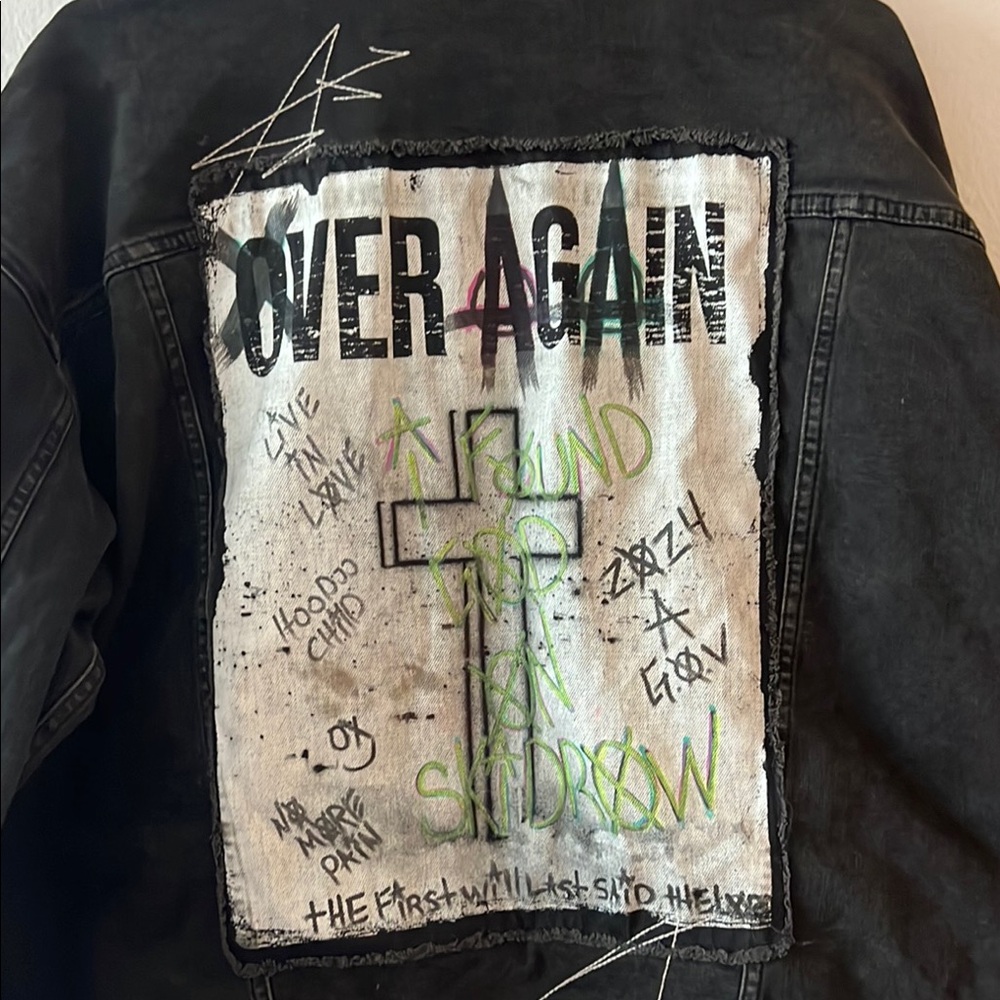 Black Denim Jacket with White Text